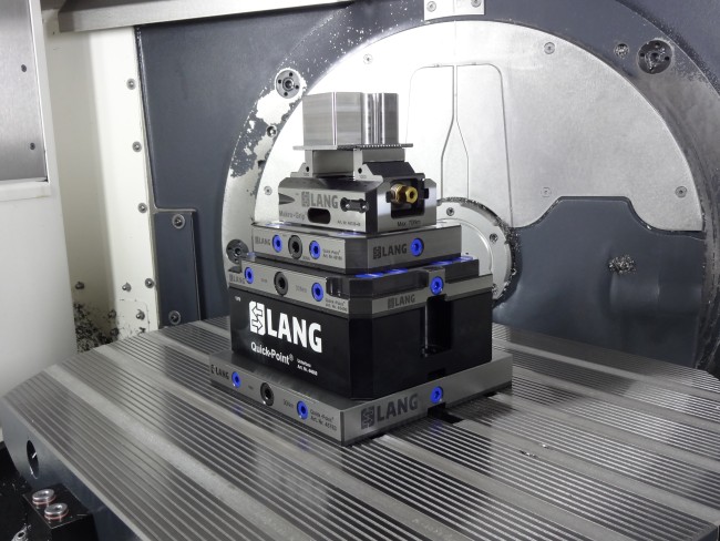 5 axis vise positioned accurately in a zero point clamping system from workholding expert LANG